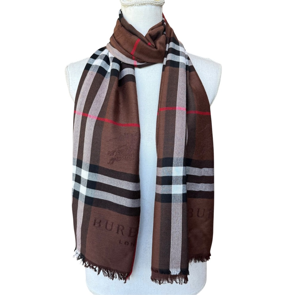 Burberry London Cashmere Scarf Brown Nova Check Jacquard Made in Scotland 68x27